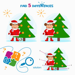 Find 5 differences. Cartoon Vector Illustration of Finding Differences Educational Activity Task for Children with cute monkey