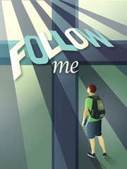 Follow Me poster - a boy following Jesus and Cross