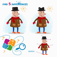 Find 5 differences. Cartoon Vector Illustration of Finding Differences Educational Activity Task for Children with cute man.