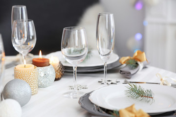 Table served for Christmas dinner, close up view
