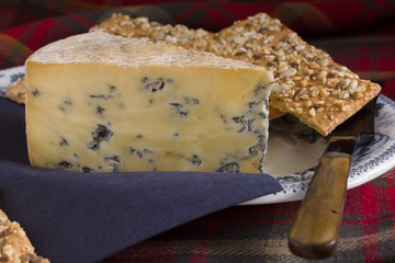Perl Las or Blue Pearl a creamy organic hand made Welsh blue cheese served with spelt and muesli crackers