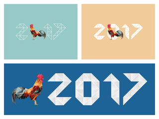 Happy new year 2017 font calendar cover, one red rooster with colorful feather low polygon standing isolated, red face and cockscomb, yellow beak, bright orange wings, long black tail