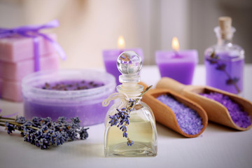 Plakat Beautiful spa composition with lavender on table