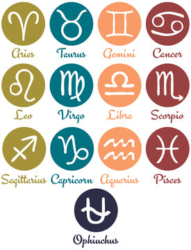 Vector illustration of hand drawn zodiac signs on colored circle. Simple zodiac icons. Horoscope symbols with thirteenth astrological sign Ophiuchus.