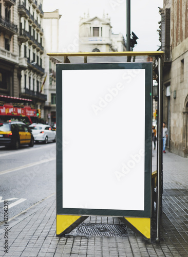 Download Blank Advertising Light Box On The Bus Stop Mockup Of Empty Ad Billboard On Bus Station Template Banner On Background City Street For Message Or Text In Barcelona Afisha Board Wall Mural Maria Savenko