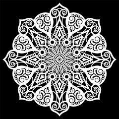Lace round paper doily, lacy snowflake, greeting element,  template for cutting  plotter, round pattern, laser cut  template, doily to decorate the cake,  vector illustrations.