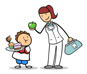 Zahnarzt mit Obst und Kind mit Junk Food