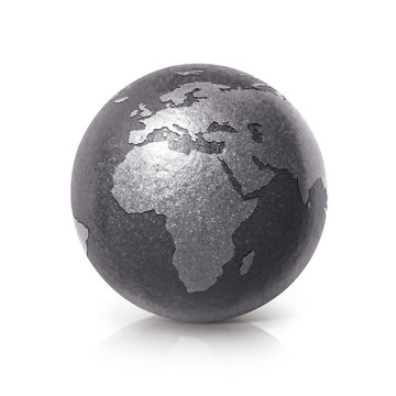 Black iron globe 3D illustration europe and africa map on white background