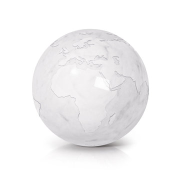 White Marble globe 3D illustration europe and africa map on white background