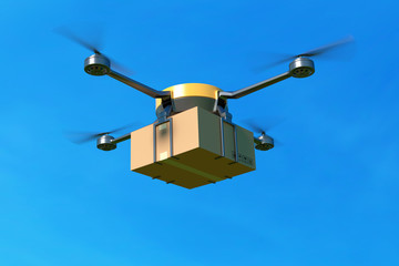 Delivery drone with the cardboard box on blue sky. 3D illustration