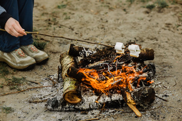 marshmallows extended over a camp fire to roast