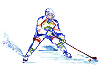 Hockey player with stick and puck, isolated  hand painted watercolor illustration 