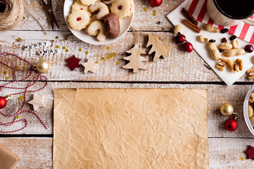 Christmas composition, studio shot, wooden background. Copy spac