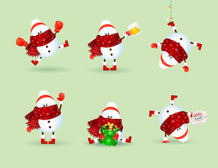 Snowman Collection. Snowman set isolated on green background. Vector illustration.
