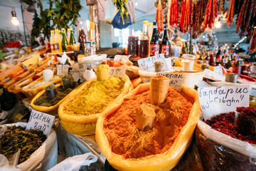 Abundance Of Varicoloured Aromatic Spices Herbs On Sale At Count