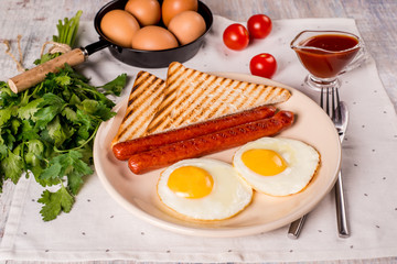 Fried eggs with sausages