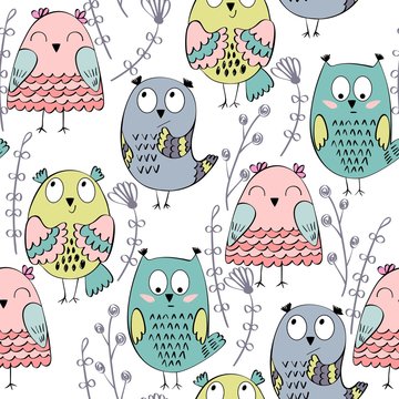Vector seamless pattern owls with various emotions.