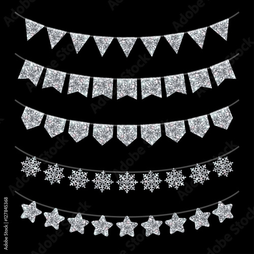 &ldquo;Garland Decoration on Black, Silver Glitter&rdquo; Stock image and royalty