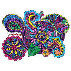 Hand drawn colored floral zentangle on white background