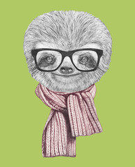 Portrait of Sloth with glasses and scarf. Hand-drawn illustration.