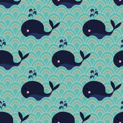 Cute whales pattern, Seamless nautical pattern with cartoon character