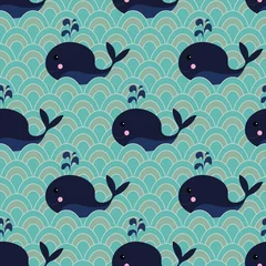 Fototapeten Cute whales pattern, Seamless nautical pattern with cartoon character © lenalanette