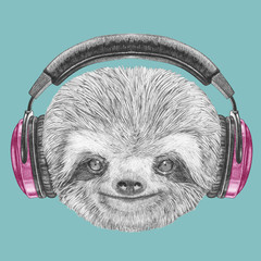 Portrait of Sloth with headphones. Hand-drawn illustration.