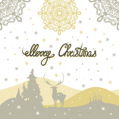 Merry Christmas. Lettering. Invitation card with a deer and winter landscape with snow. Forest Hills. Vector illustration for the holiday.