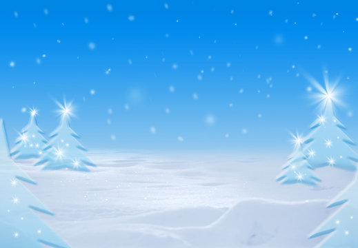 Blue and white winter background with the snow and isy fir-tree