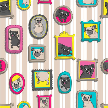 Frames with portraits of pugs. Seamless pattern.