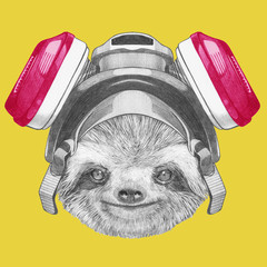 Portrait of Sloth with gas mask. Hand drawn illustration.