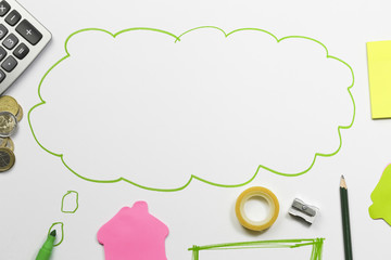 green pencil in talking bubble with coin, sticky note, calculator. Business and education concept