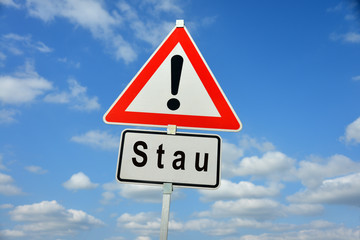 Stau, Verkehrsstau, Straßenverkehr, Verkehr, Autobahn, Verkehrsschild, Achtung, Warnung,...