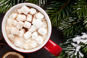Christmas fir tree and hot chocolate with marshmallow