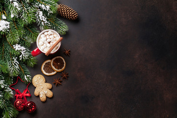 Christmas background with hot chocolate and marshmallow