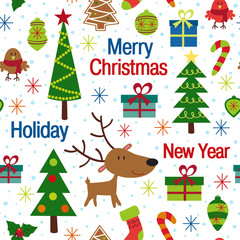 seamless pattern with christmas trees and decorations - vector illustration, eps