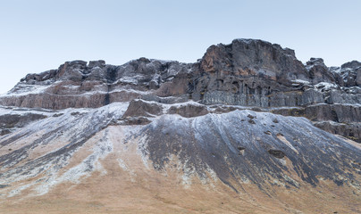 Mountains with black sand dunes in winter, Iceland.