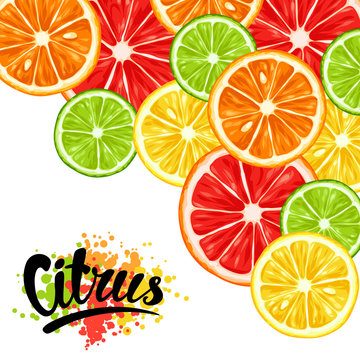 Background with citrus fruits slices. Mix of lemon lime grapefruit and orange
