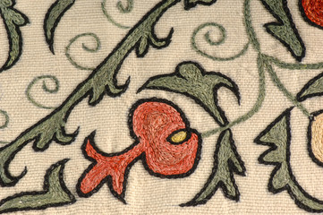 background from the tissue and textile with oriental ornate ornament and pattern in the shape of a pomegranate and leaf