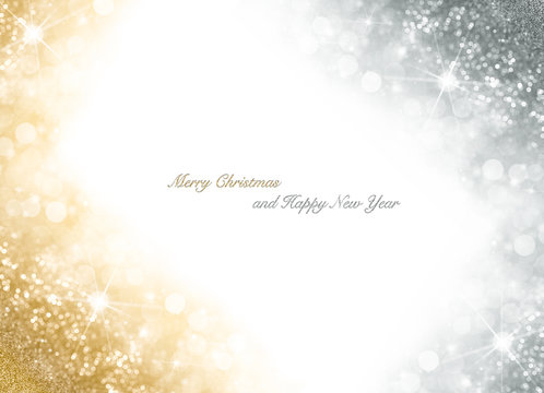 Christmas card with bright gold and silver sparkly background