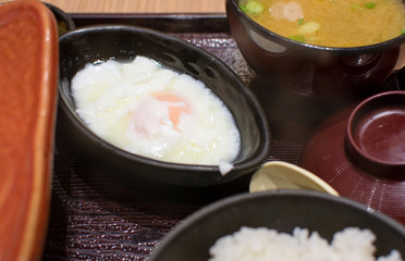 Japanese cooked egg in wooden bowl