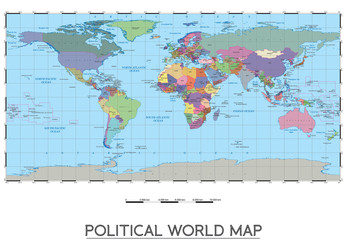 Political world map. Contents all countries by colour, capitals, islands and sees. All this information is classified by layers in the vector version. It is perfect for big murals.