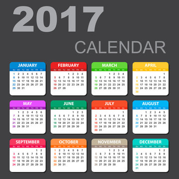 2017 Calendar in horizontal style. Illustration Vector template of color 2017 calendar on black background.