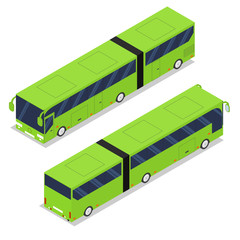Isometric long green bus. Urban passenger transport. Vector illustration.