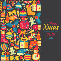 Christmas greeting card with text Merry Xmas and many winter doodle toys. Vector illustration.