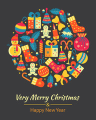 Christmas greeting card with text Very Merry Christmas and many winter doodle toys. Round shape. Vector illustration.