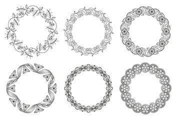 Vector set of floral round elements for ethnic decor. Detailed decorative motifs.