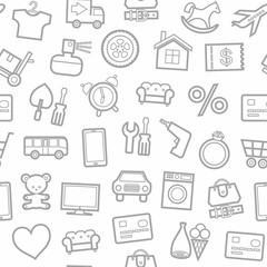 Categories of goods, Internet-shop, seamless pattern, white. Vector grey outline icons industrial products on a white background. Plain, flat background.  