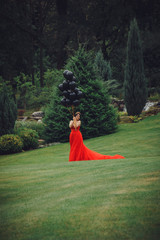 Fototapeta premium Gorgeous woman in red dress with black balloons