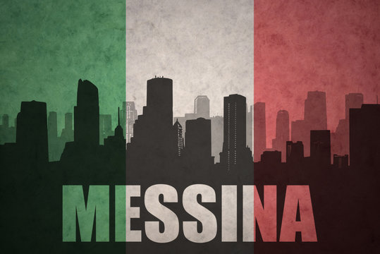 abstract silhouette of the city with text Messina at the vintage italian flag
